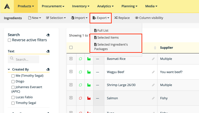 APICBASE EXPORT SELECTION